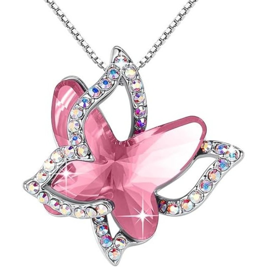 October - Rose Pink Crystal Butterfly Birthstone Crystal, Silver Tone 18”+2”